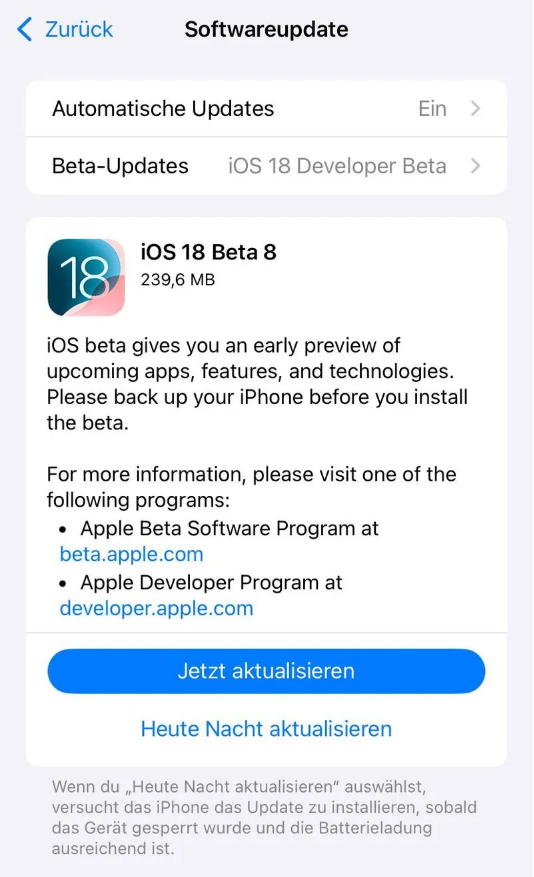 岷县苹果手机维修分享苹果 iOS / iPadOS 18 开发者预览版 Beta 8 发布 